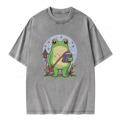 Pagewings Frog Reading Book Unisex Washed T-shirt