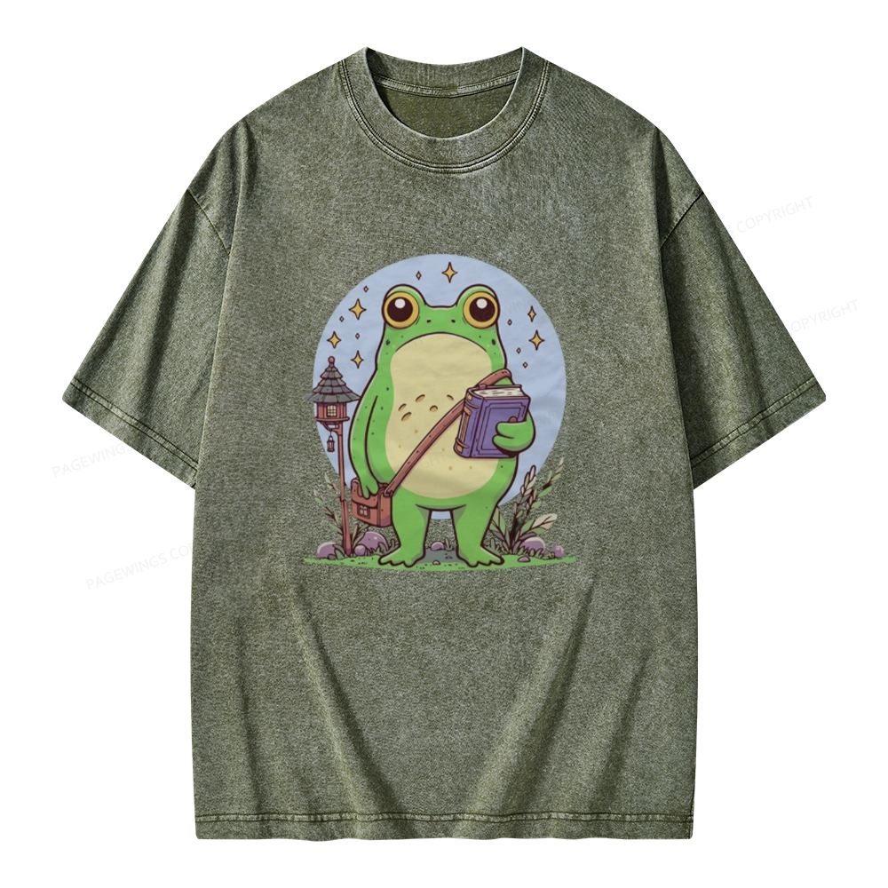 Pagewings Frog Reading Book Unisex Washed T-shirt