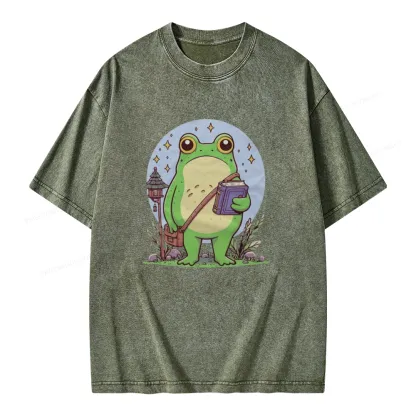 Pagewings Frog Reading Book Unisex Washed T-shirt