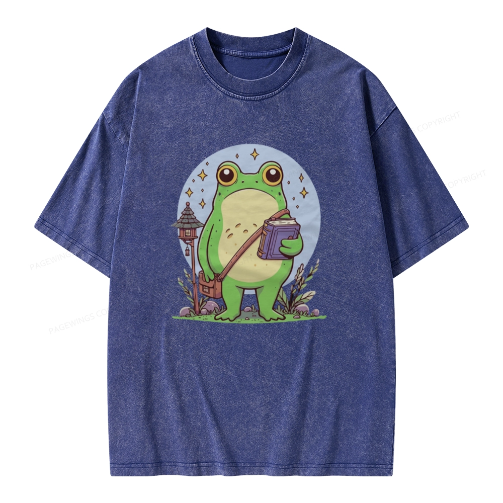 Pagewings Frog Reading Book Unisex Washed T-shirt