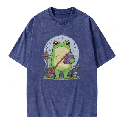 Pagewings Frog Reading Book Unisex Washed T-shirt