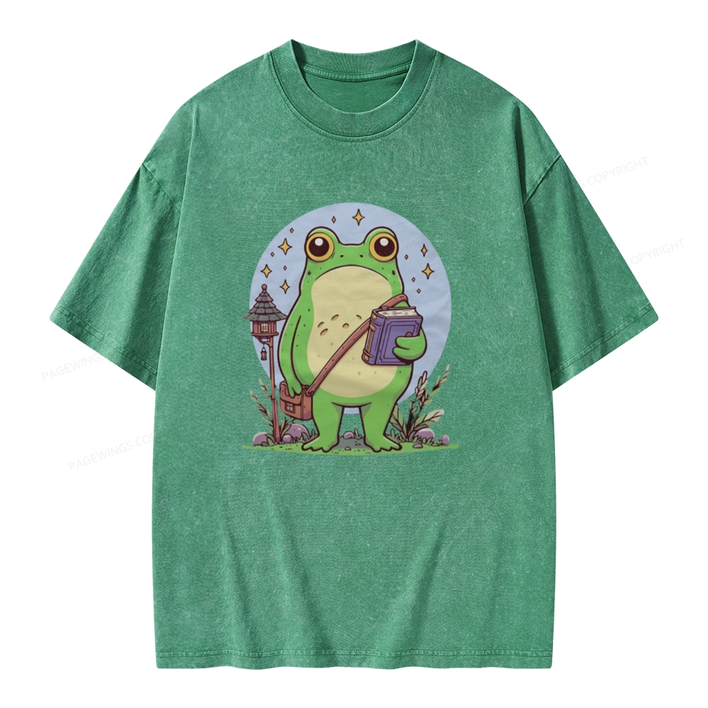 Pagewings Frog Reading Book Unisex Washed T-shirt