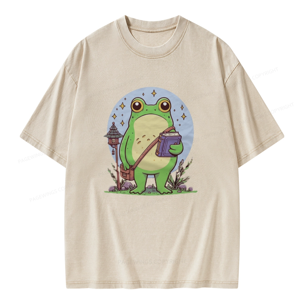 Pagewings Frog Reading Book Unisex Washed T-shirt