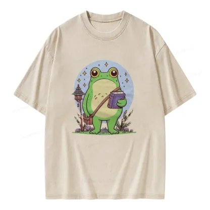 Pagewings Frog Reading Book Unisex Washed T-shirt