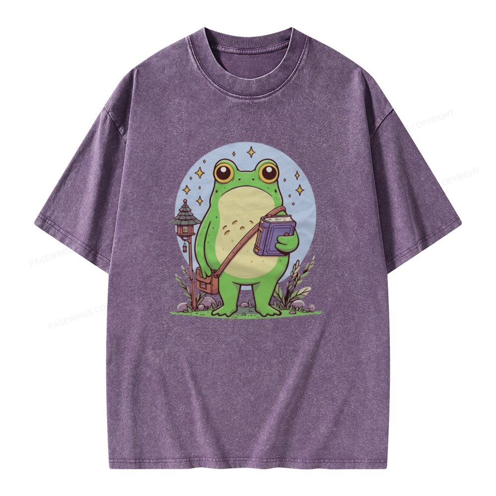 Pagewings Frog Reading Book Unisex Washed T-shirt