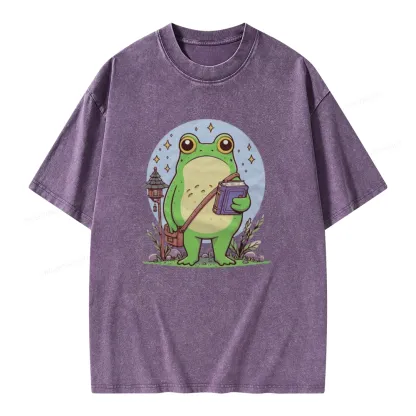 Pagewings Frog Reading Book Unisex Washed T-shirt