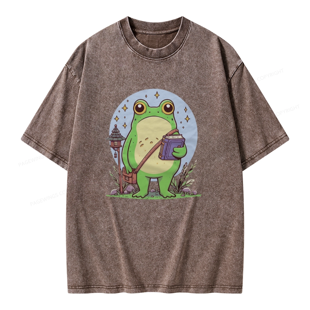 Pagewings Frog Reading Book Unisex Washed T-shirt