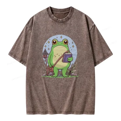 Pagewings Frog Reading Book Unisex Washed T-shirt