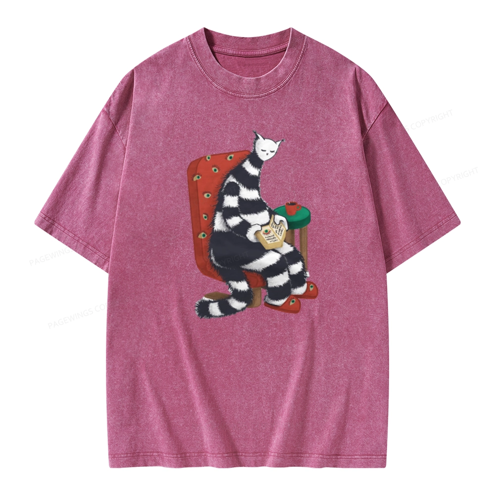 Pagewings Weird Cat Reading At Home Unisex Washed T-shirt