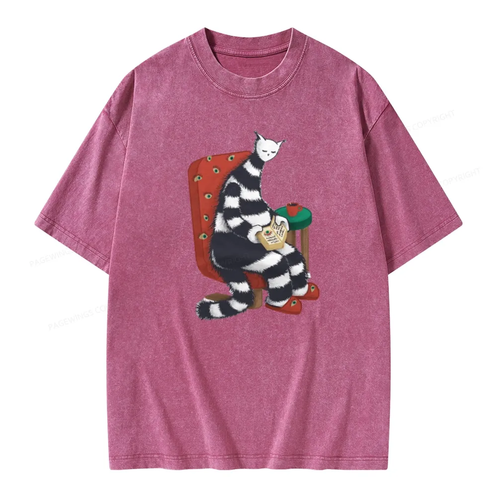Pagewings Weird Cat Reading At Home Unisex Washed T-shirt