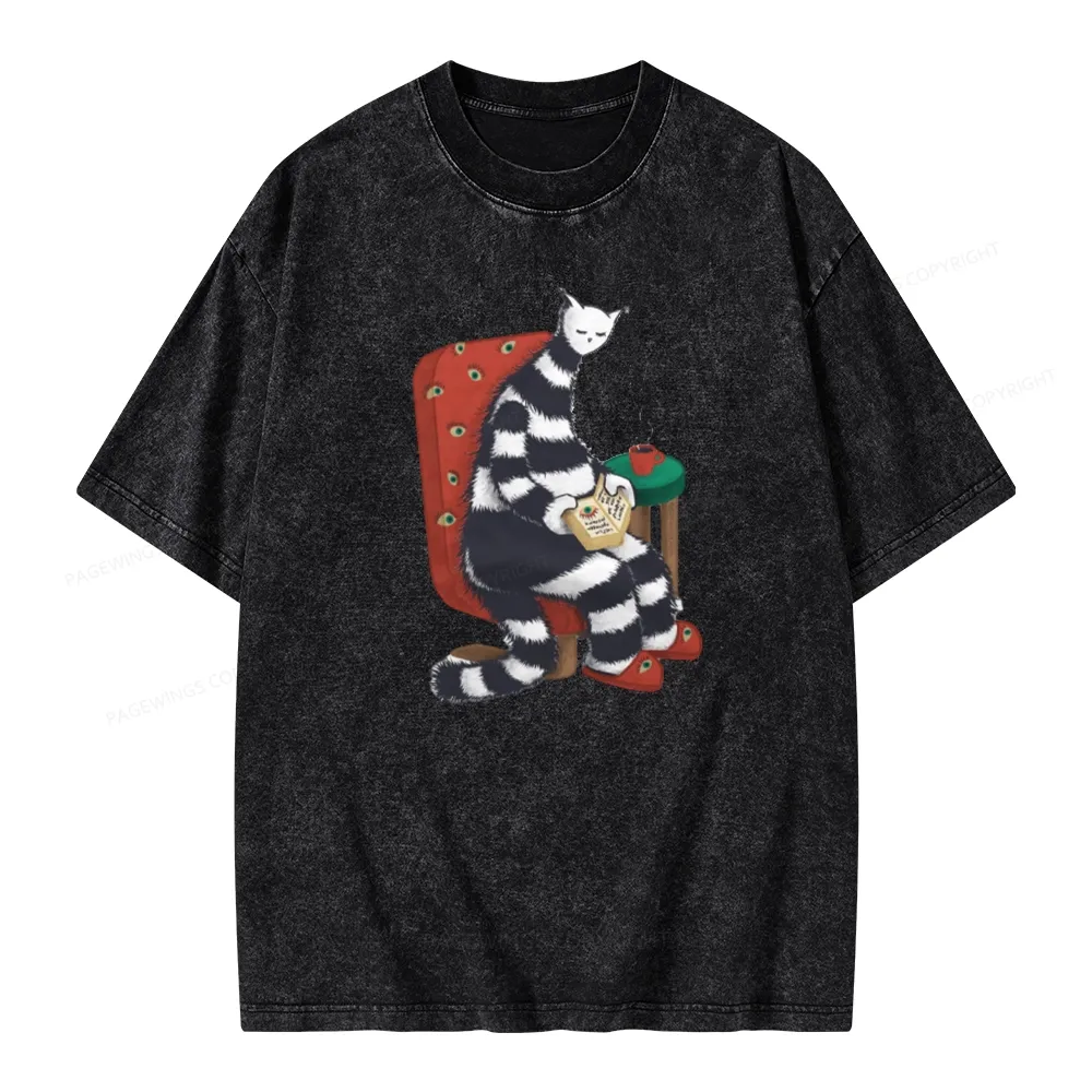 Pagewings Weird Cat Reading At Home Unisex Washed T-shirt