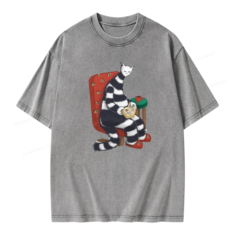 Pagewings Weird Cat Reading At Home Unisex Washed T-shirt