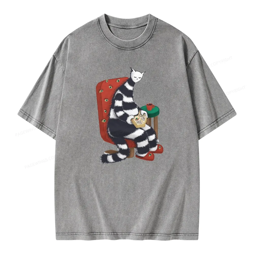 Pagewings Weird Cat Reading At Home Unisex Washed T-shirt