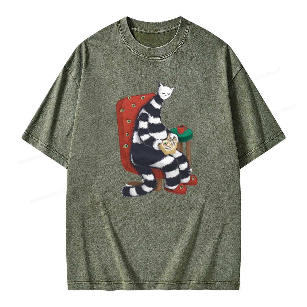 Pagewings Weird Cat Reading At Home Unisex Washed T-shirt