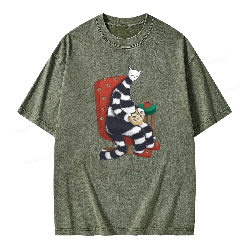 Pagewings Weird Cat Reading At Home Unisex Washed T-shirt