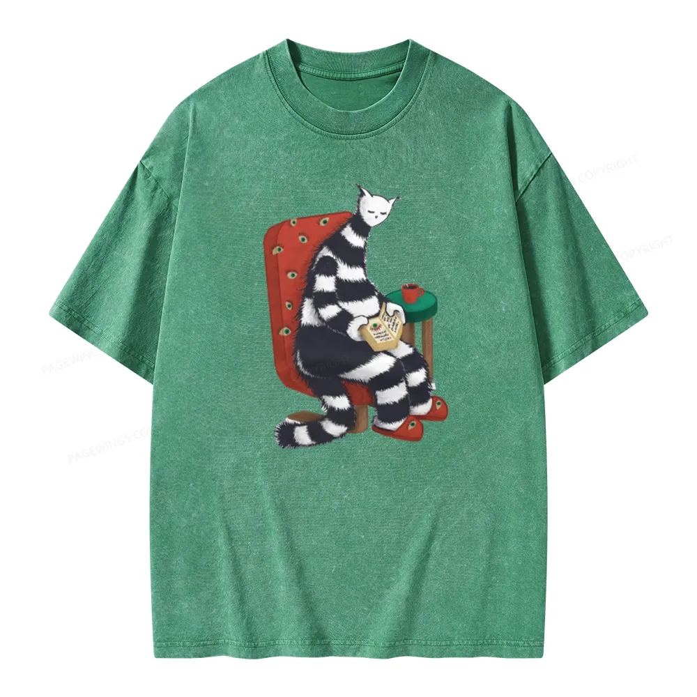Pagewings Weird Cat Reading At Home Unisex Washed T-shirt