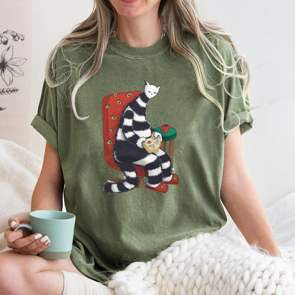 Pagewings Weird Cat Reading At Home Unisex Washed T-shirt