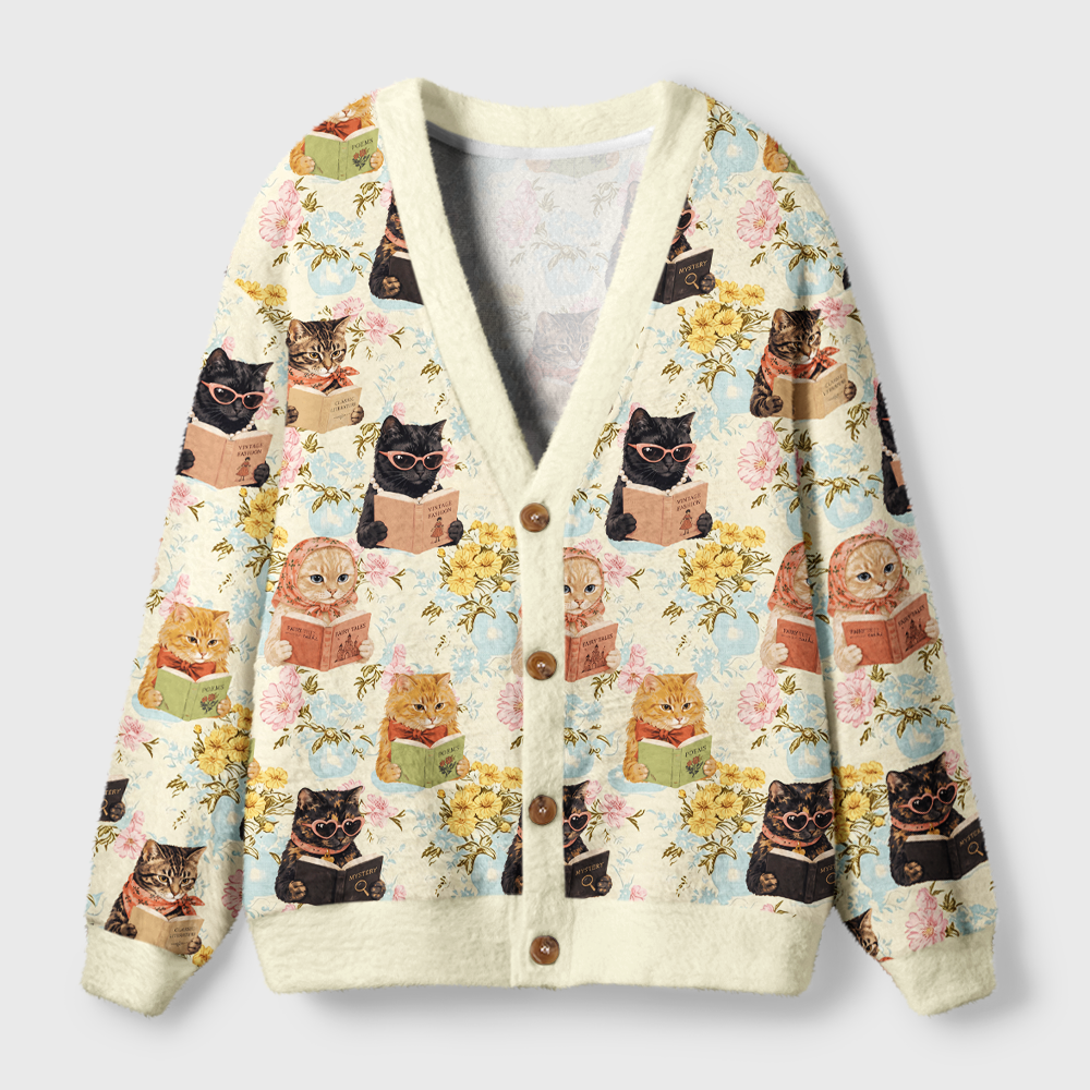 Pagewings Cat Book Lover Light Knit Unisex Cardigan Sweaters