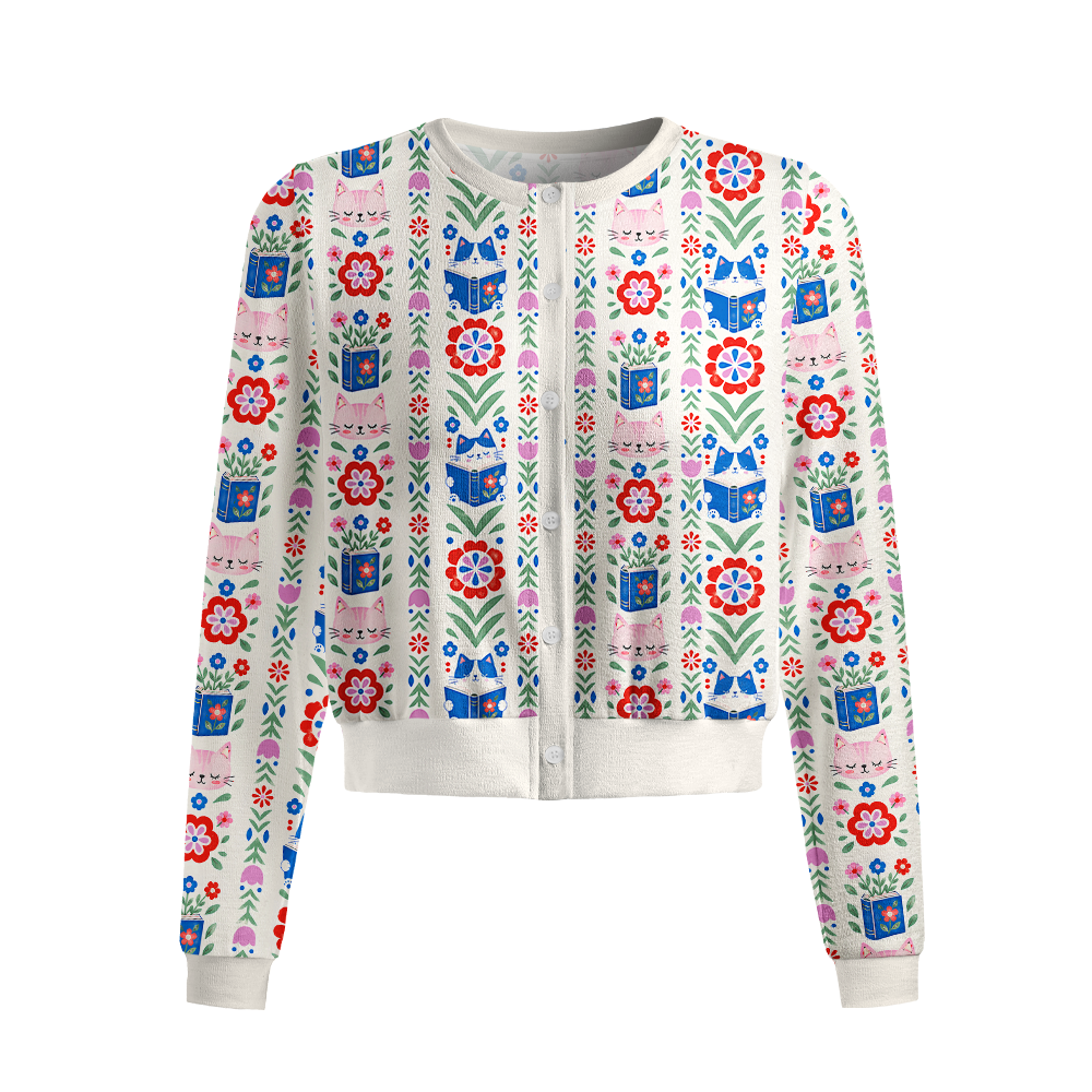 Pagewings Cat Book Lover Crew Neck Cardigan Sweaters