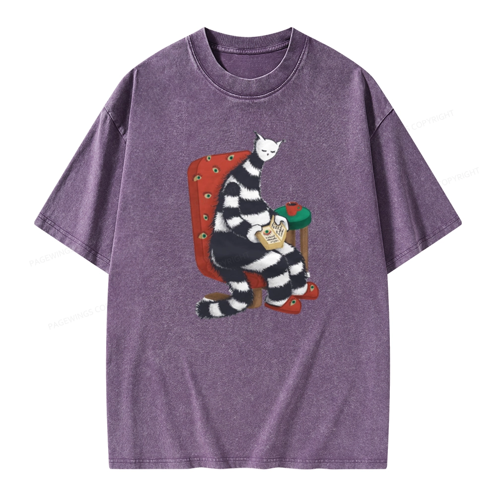 Pagewings Weird Cat Reading At Home Unisex Washed T-shirt