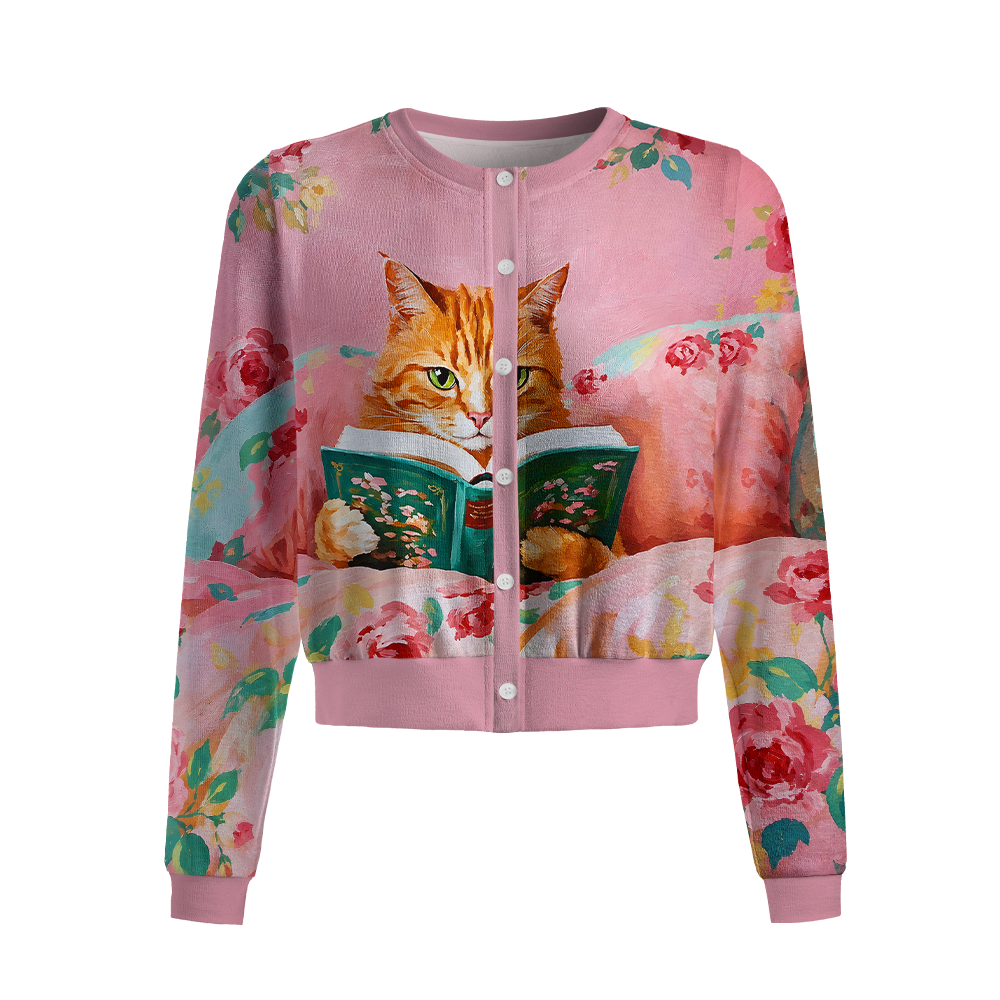 Pagewings Reading Cat Crew Neck Cardigan Sweaters