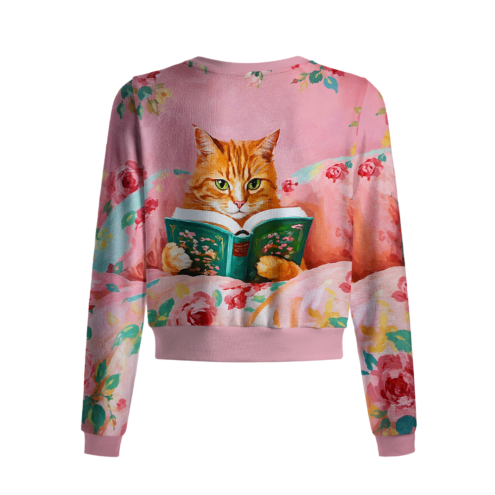 Pagewings Reading Cat Crew Neck Cardigan Sweaters