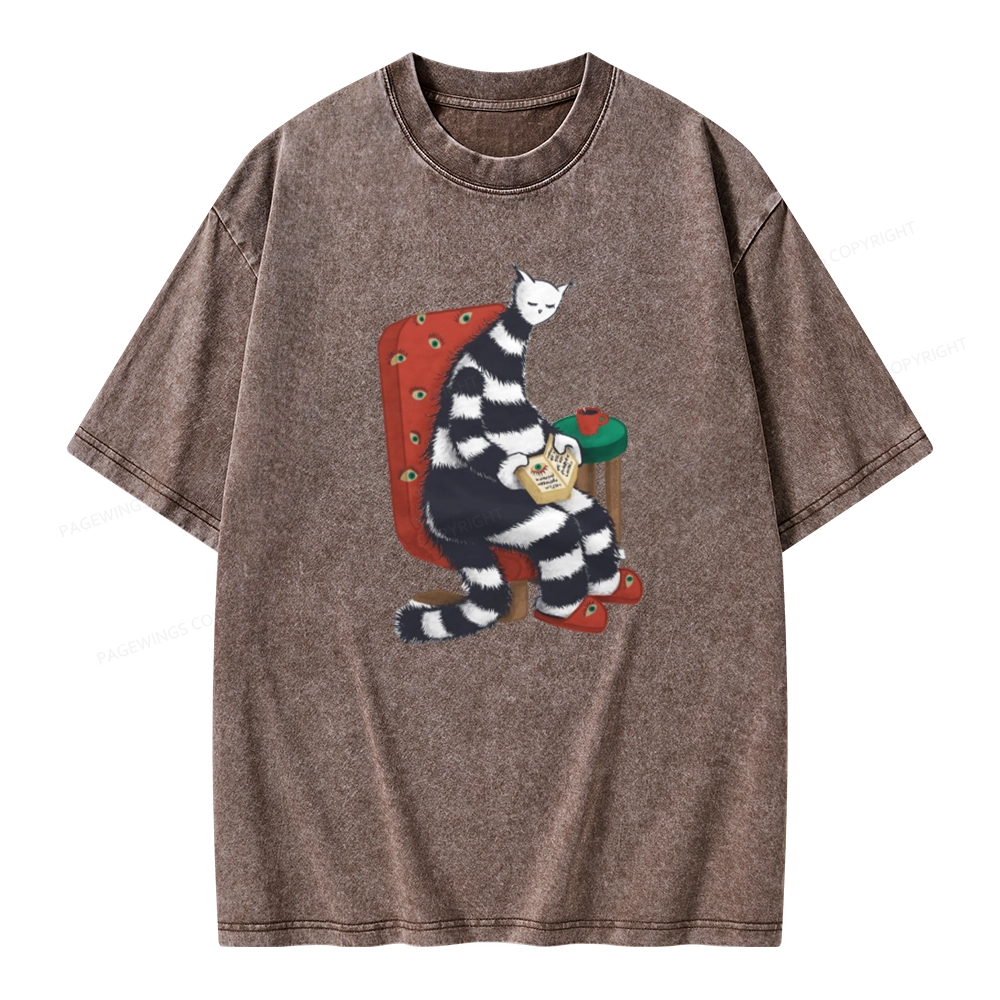 Pagewings Weird Cat Reading At Home Unisex Washed T-shirt