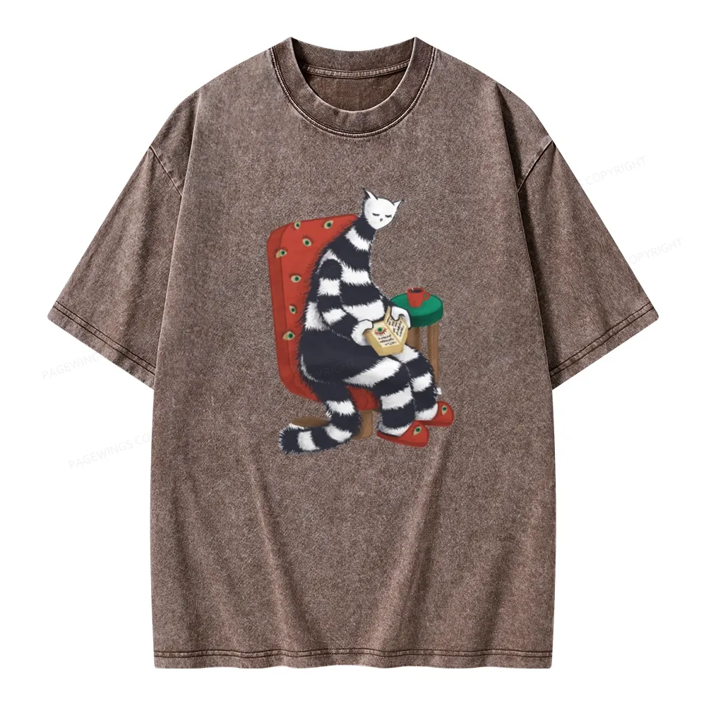 Pagewings Weird Cat Reading At Home Unisex Washed T-shirt