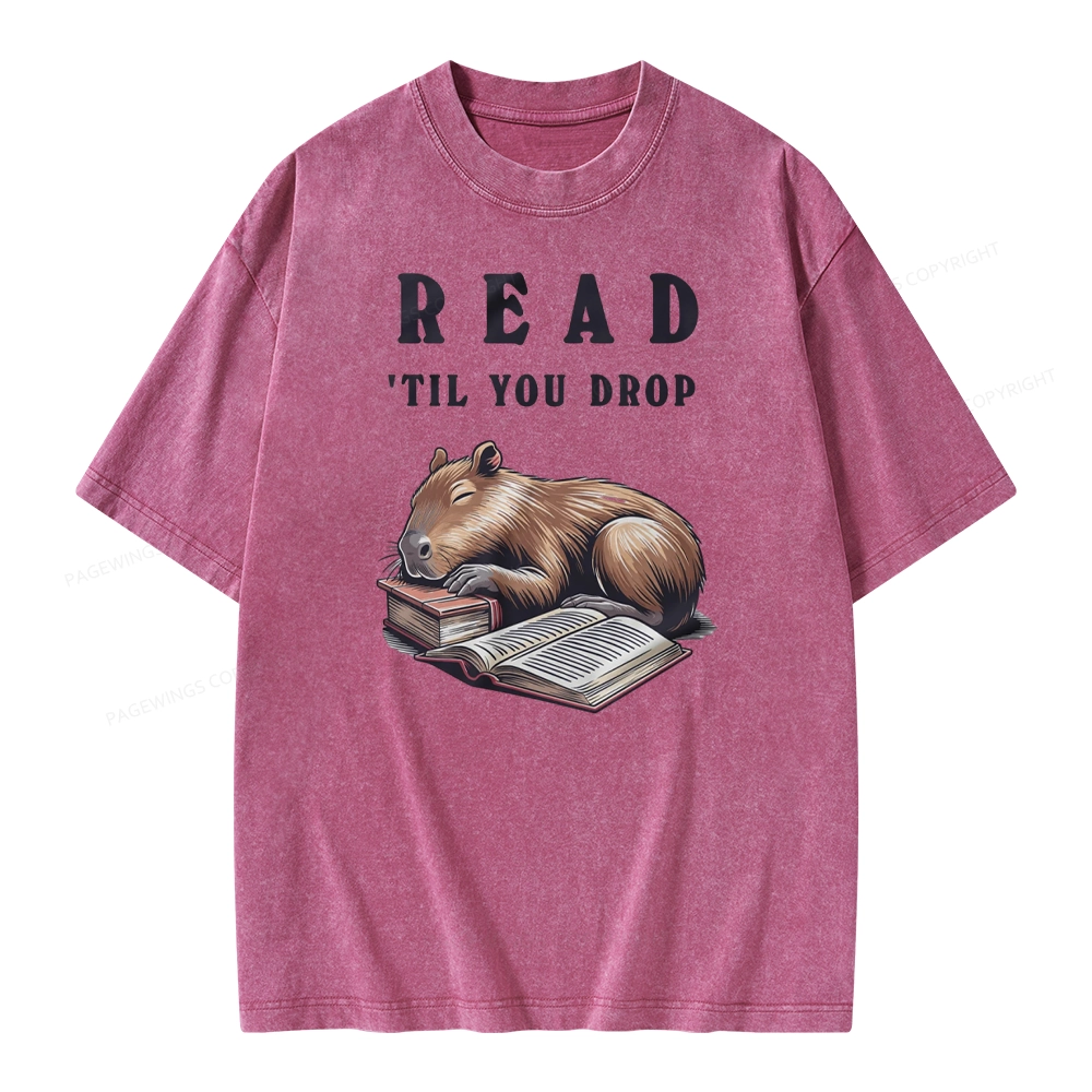 Pagewings Cute Sleeping Capybara & Books Read Unisex Washed T-shirt