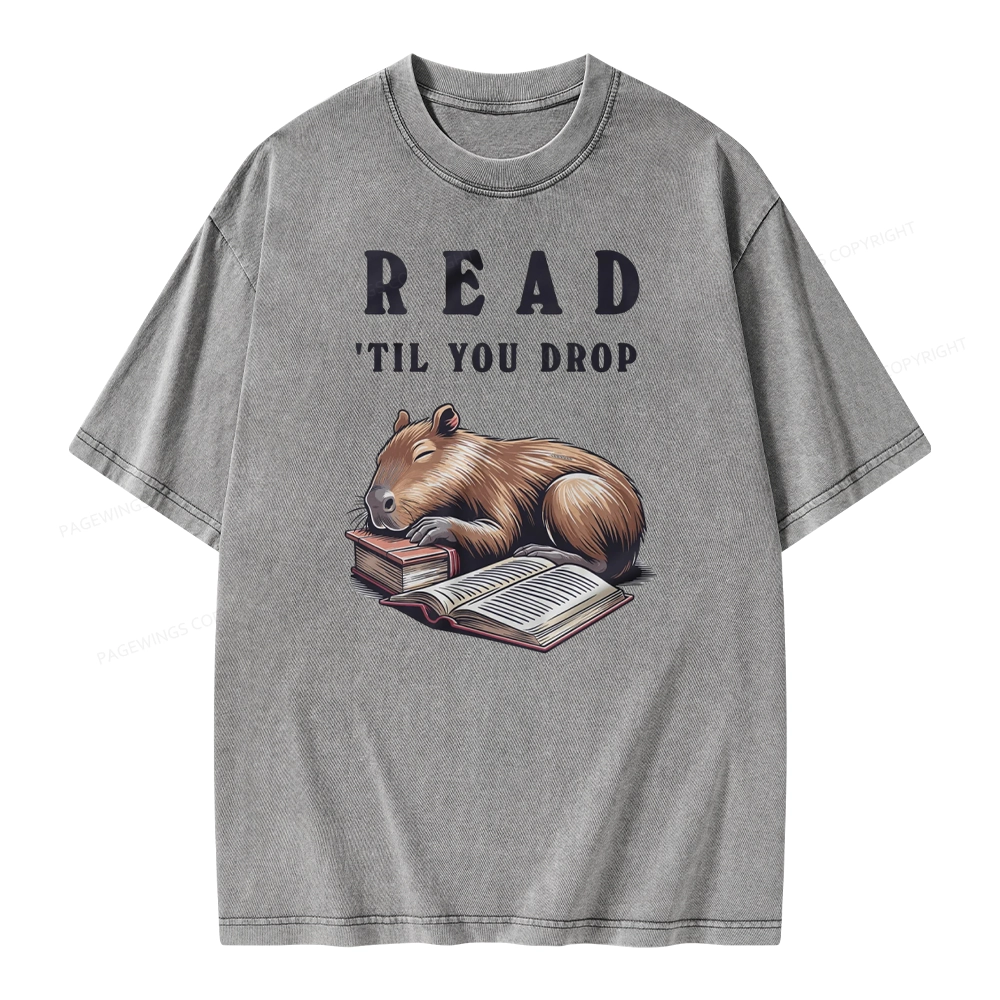 Pagewings Cute Sleeping Capybara & Books Read Unisex Washed T-shirt
