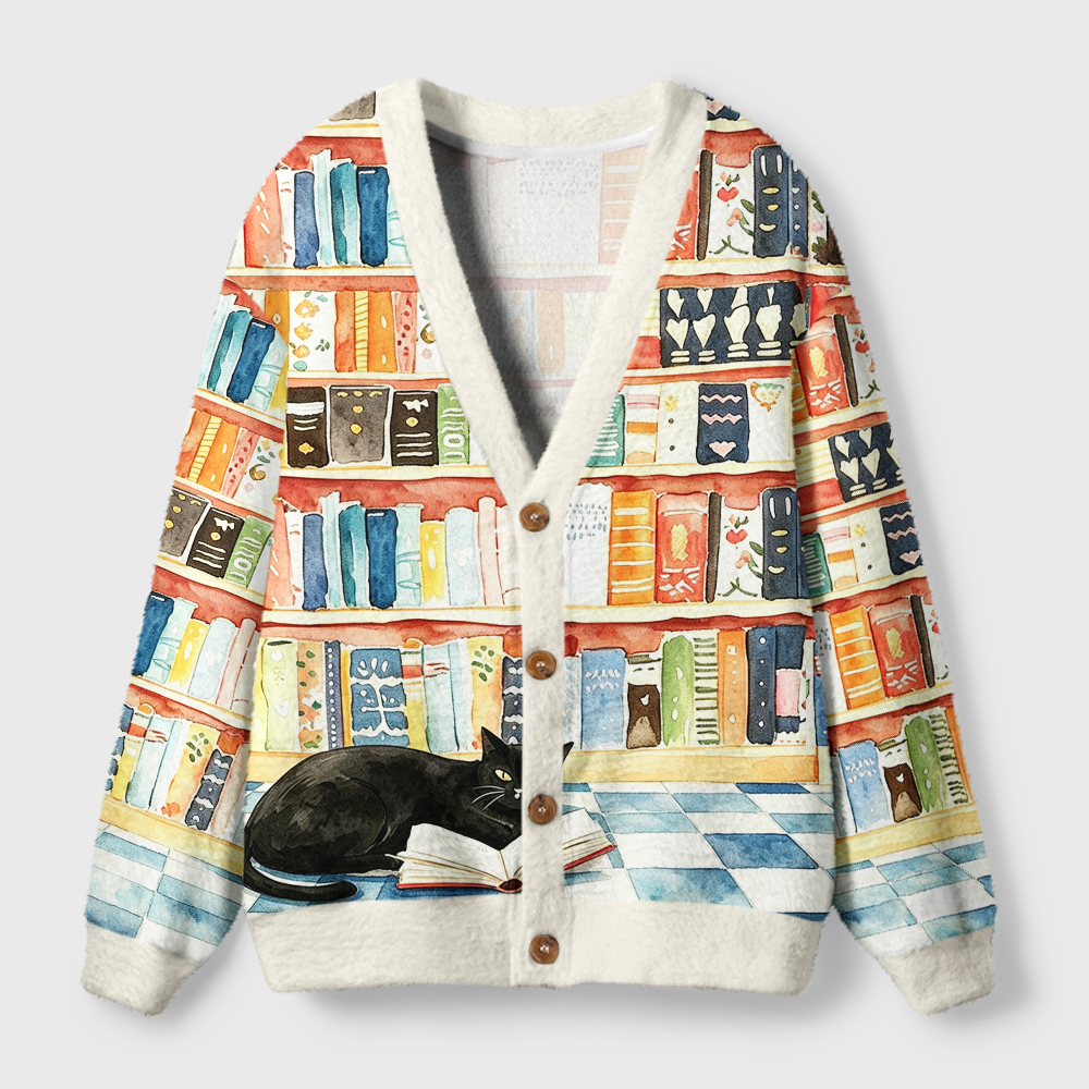 Pagewings Reading Cat Light Knit Unisex Cardigan Sweaters