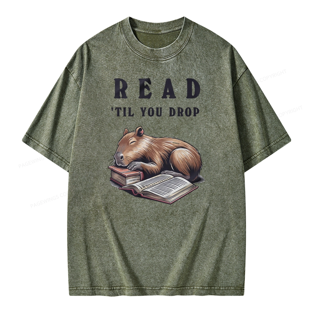 Pagewings Cute Sleeping Capybara & Books Read Unisex Washed T-shirt