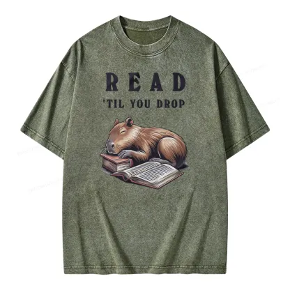 Pagewings Cute Sleeping Capybara & Books Read Unisex Washed T-shirt