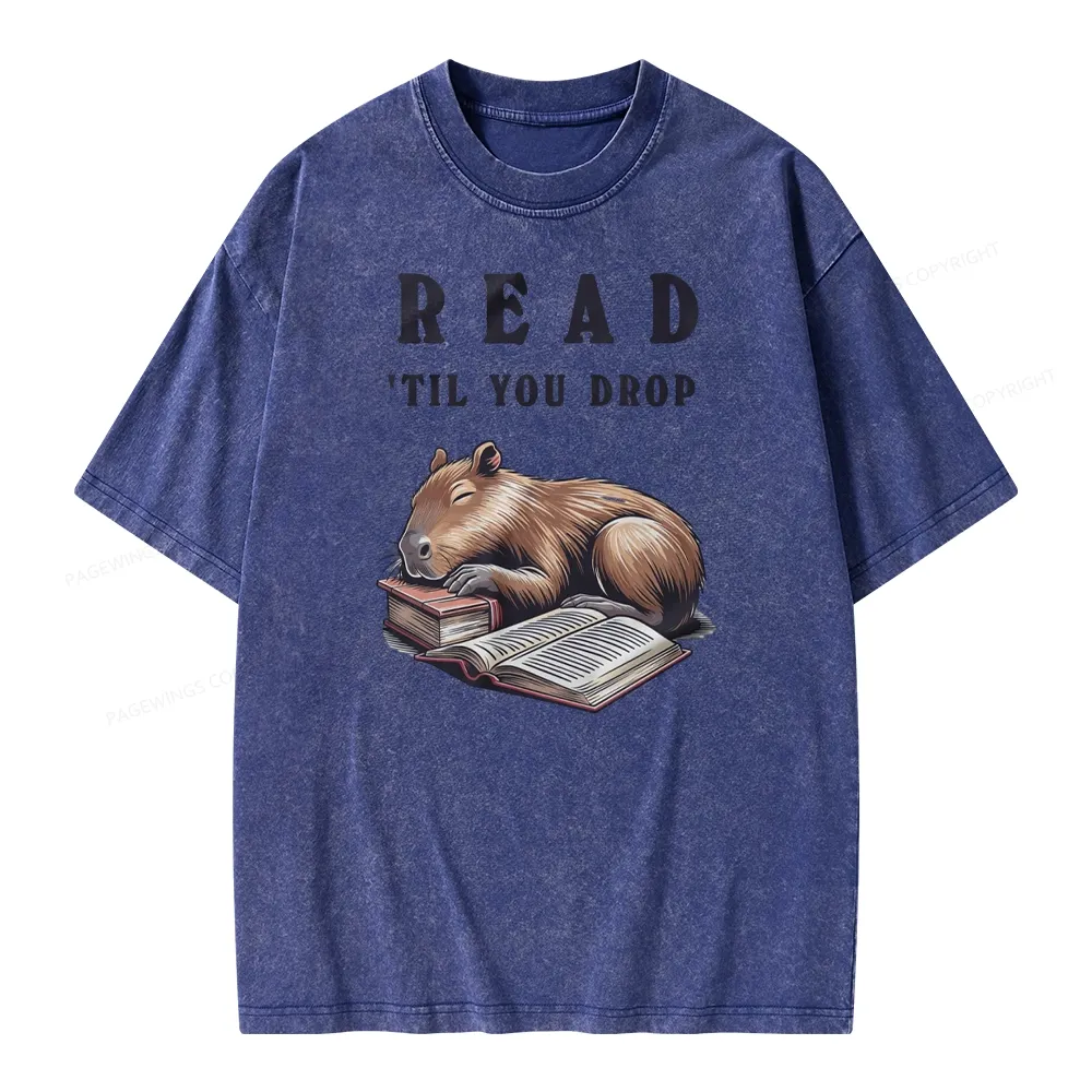 Pagewings Cute Sleeping Capybara & Books Read Unisex Washed T-shirt