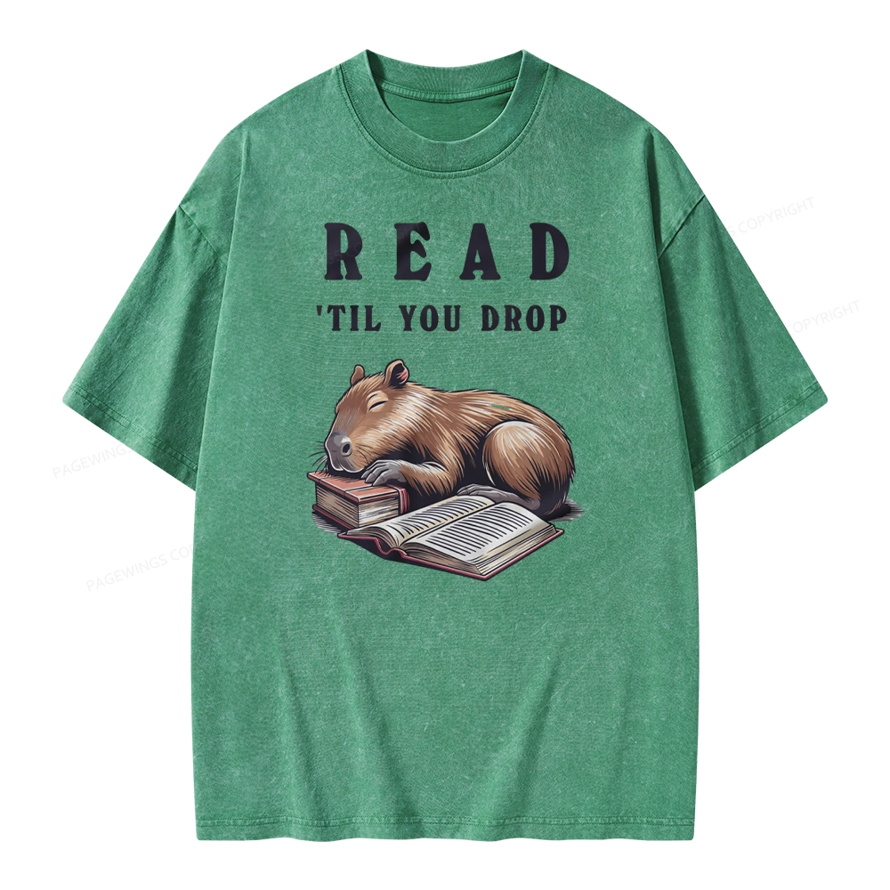 Pagewings Cute Sleeping Capybara & Books Read Unisex Washed T-shirt