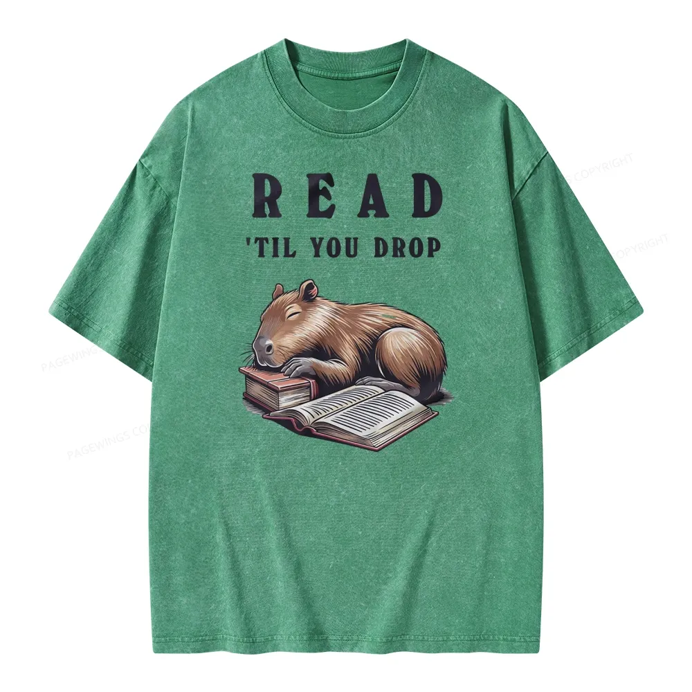 Pagewings Cute Sleeping Capybara & Books Read Unisex Washed T-shirt