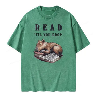 Pagewings Cute Sleeping Capybara & Books Read Unisex Washed T-shirt