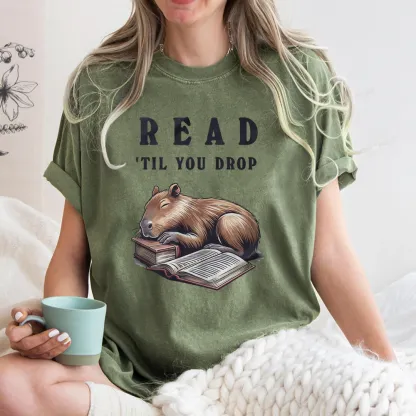 Pagewings Cute Sleeping Capybara & Books Read Unisex Washed T-shirt