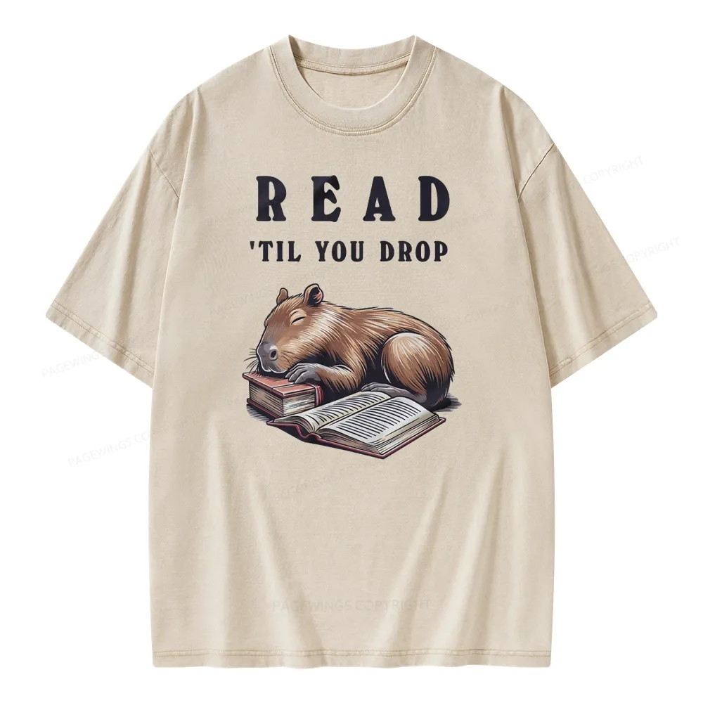 Pagewings Cute Sleeping Capybara & Books Read Unisex Washed T-shirt
