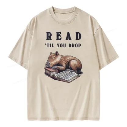 Pagewings Cute Sleeping Capybara & Books Read Unisex Washed T-shirt
