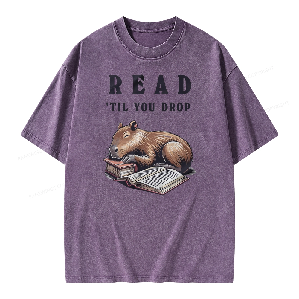 Pagewings Cute Sleeping Capybara & Books Read Unisex Washed T-shirt