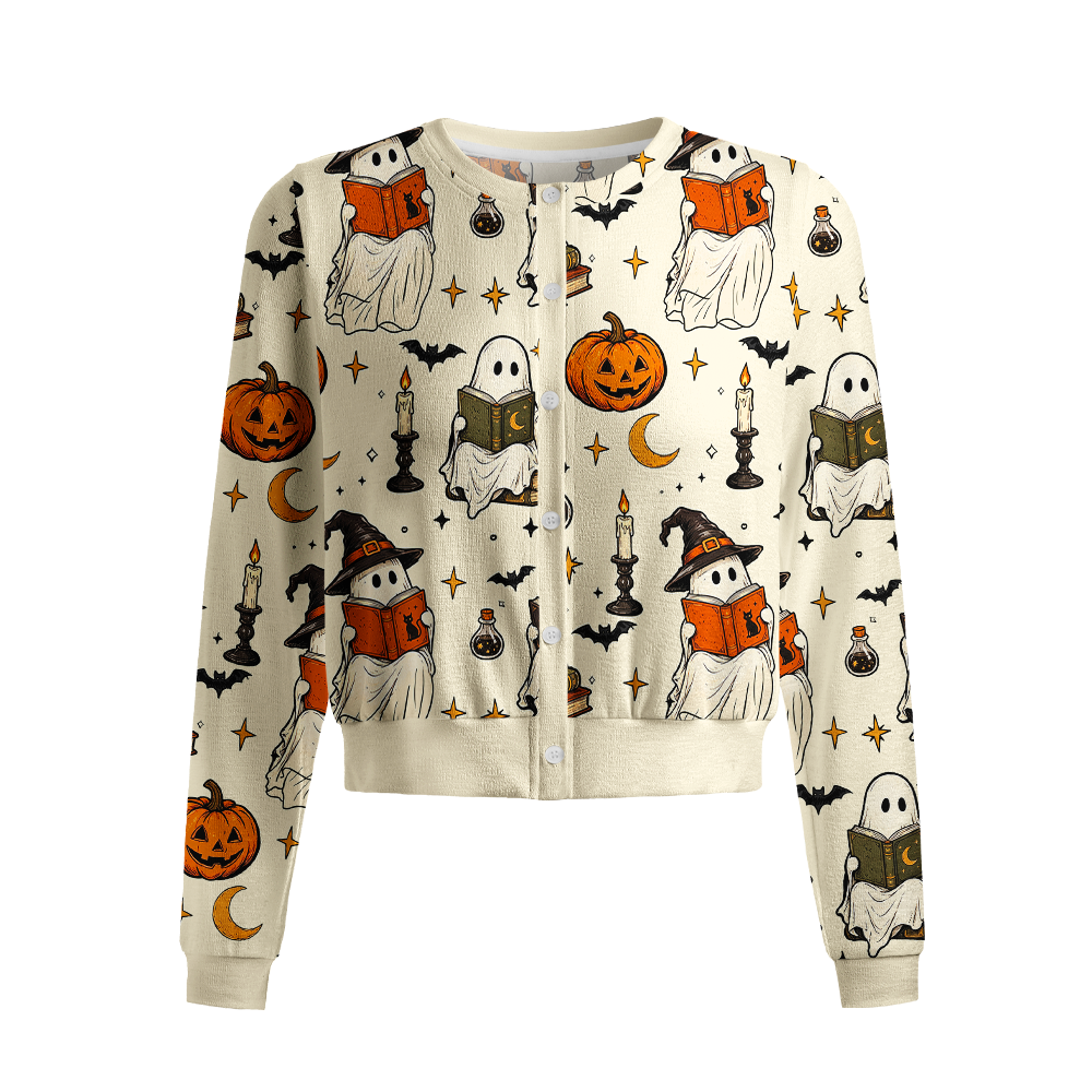 Pagewings Ghosts Love Reading Crew Neck Cardigan Sweaters