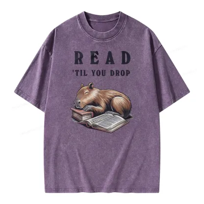 Pagewings Cute Sleeping Capybara & Books Read Unisex Washed T-shirt
