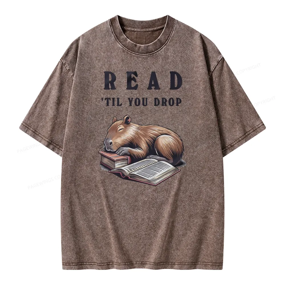 Pagewings Cute Sleeping Capybara & Books Read Unisex Washed T-shirt