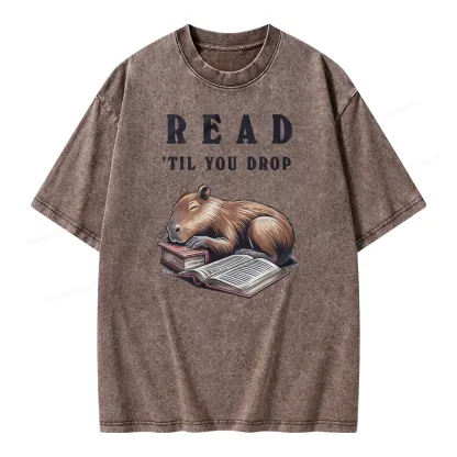 Pagewings Cute Sleeping Capybara & Books Read Unisex Washed T-shirt