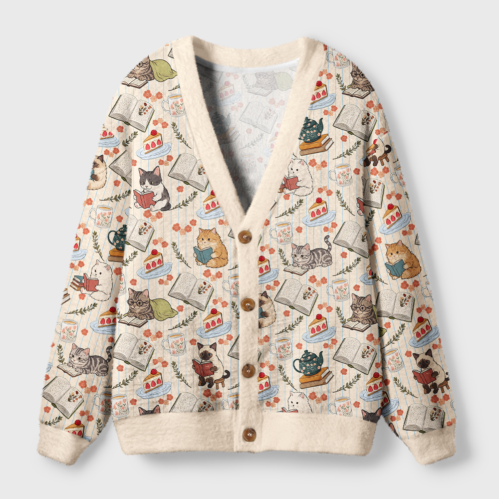 Pagewings Cat Book Lover Light Knit Unisex Cardigan Sweaters