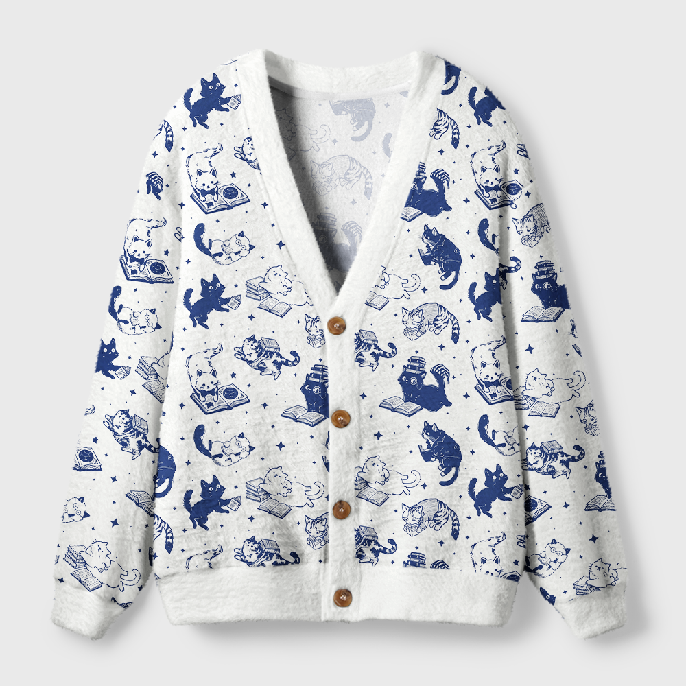 Pagewings Cat Book Lover Light Knit Unisex Cardigan Sweaters