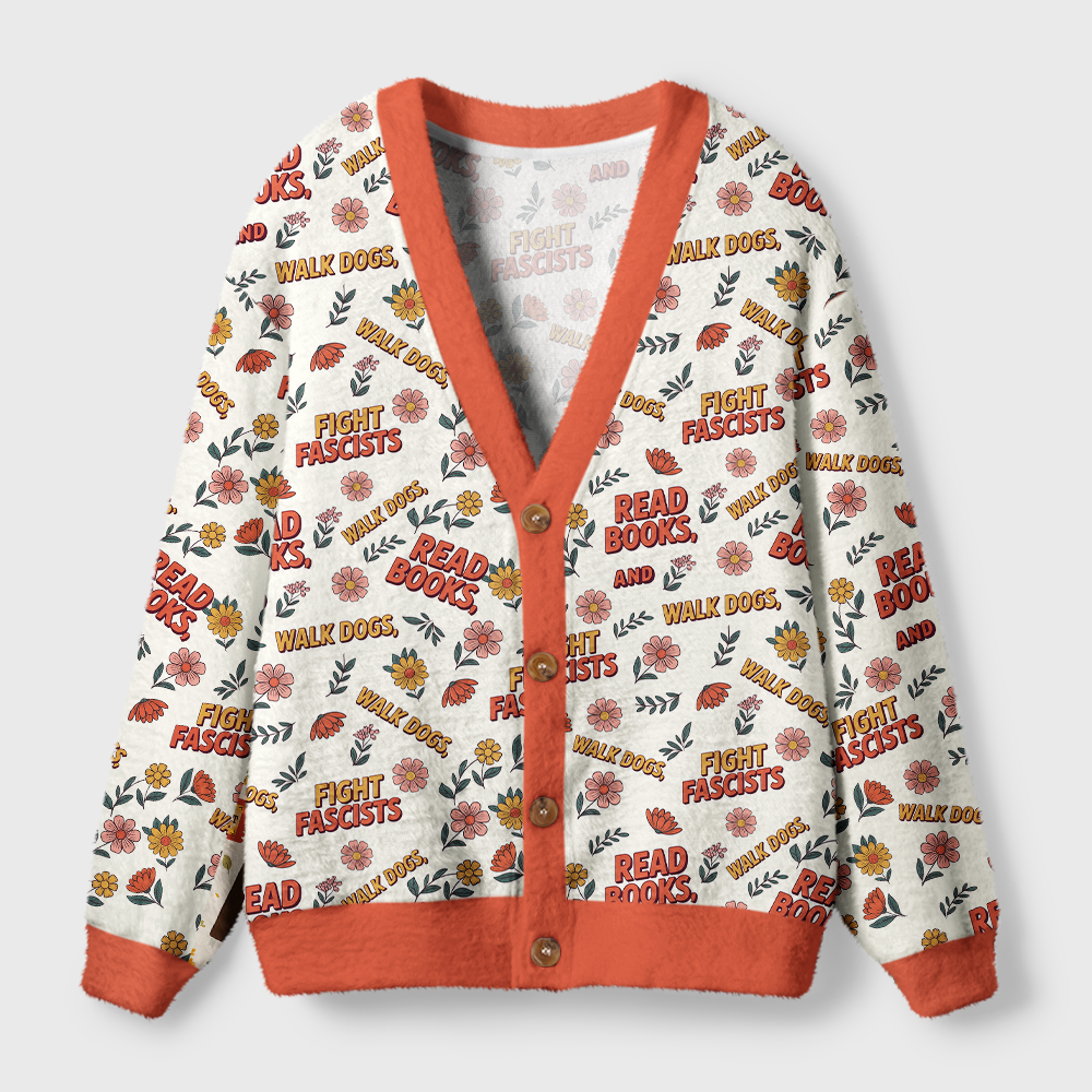 Pagewings Read Books Walk Dogs and Fight Fascists Light Knit Unisex Cardigan Sweaters