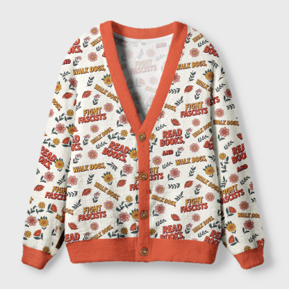 Pagewings Read Books Walk Dogs and Fight Fascists Light Knit Unisex Cardigan Sweaters