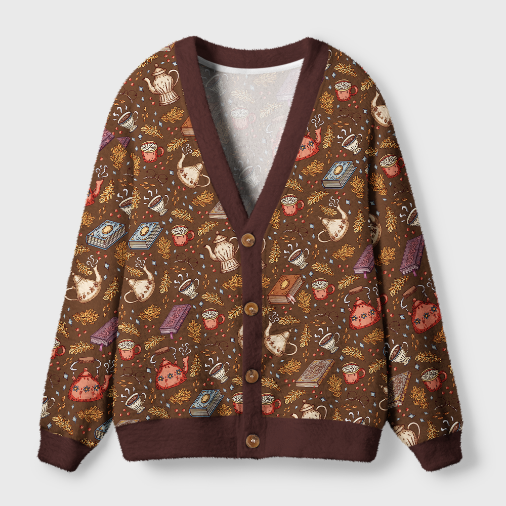 Pagewings Cozy Books And Tea Light Knit Unisex Cardigan Sweaters